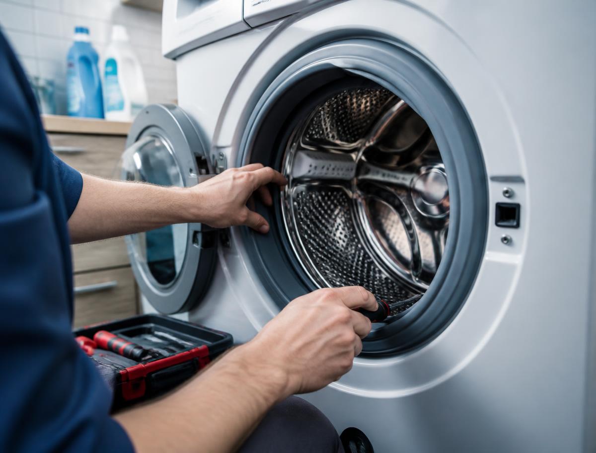 Weller technician servicing a washing machine drum